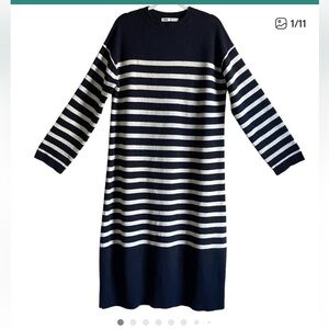 Zara Navy and White Striped Knit Midi Dress
